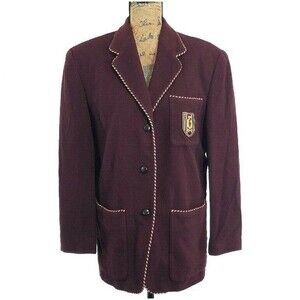DKNY Donna Karan Jacket Blazer 6 Burgundy Red Gold Crest Wool Blend Piping